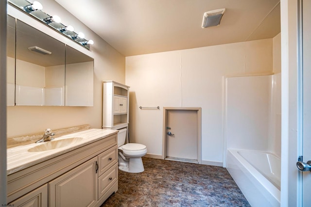 full bathroom featuring shower / washtub combination, vanity, and toilet