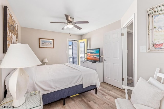 bedroom featuring ceiling fan and light wood-type flooring