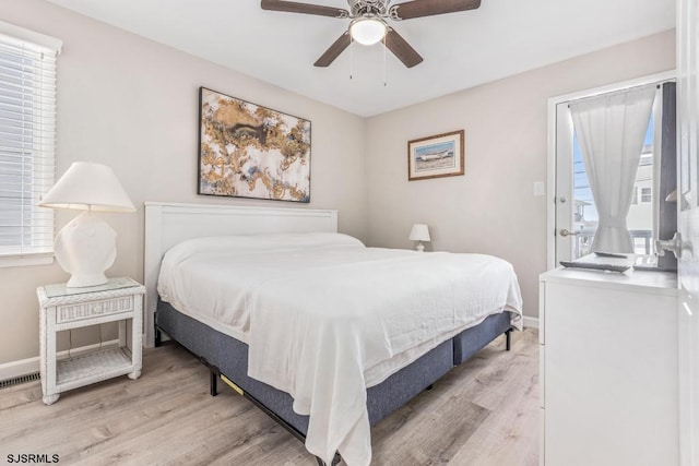 bedroom featuring light hardwood / wood-style flooring and ceiling fan