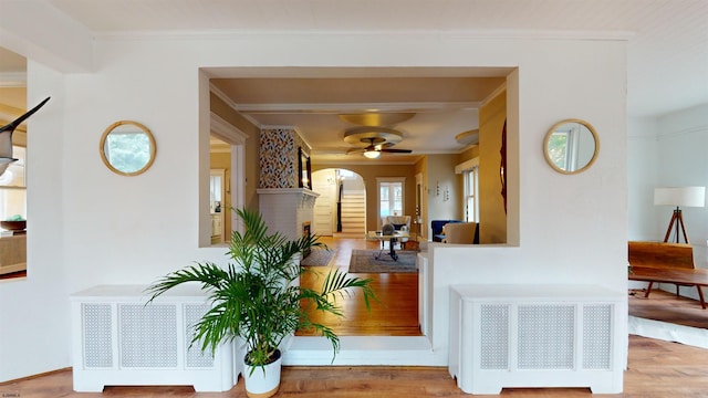 hallway with wood-type flooring, crown molding, and radiator