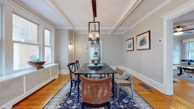 dining area featuring radiator, beamed ceiling, light wood-type flooring, ceiling fan with notable chandelier, and ornamental molding