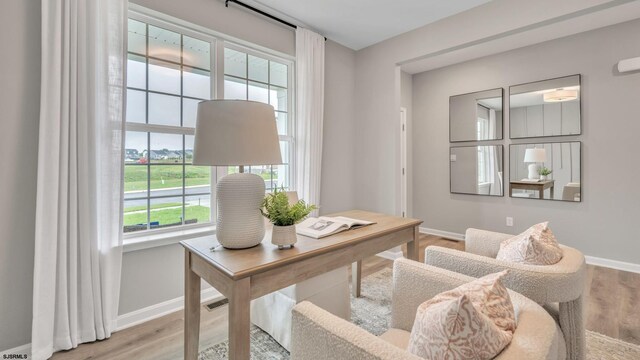 home office with hardwood / wood-style flooring