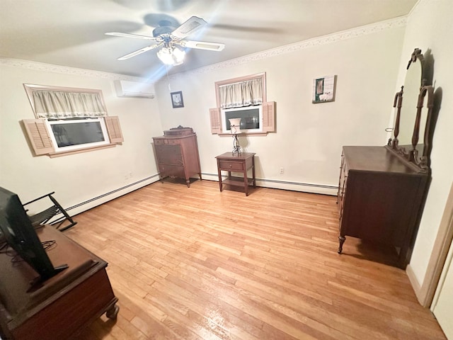 living area featuring a baseboard heating unit, light hardwood / wood-style flooring, ceiling fan, ornamental molding, and a wall mounted AC