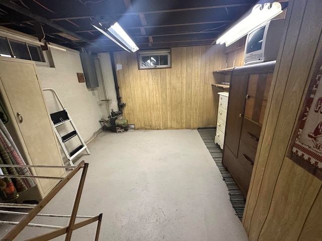 basement with wood walls