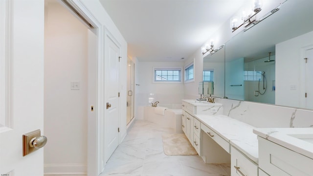 bathroom featuring vanity and plus walk in shower