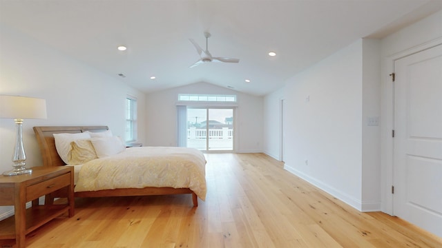 bedroom featuring ceiling fan, light hardwood / wood-style floors, access to exterior, and lofted ceiling