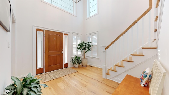 foyer featuring a high ceiling and hardwood / wood-style flooring