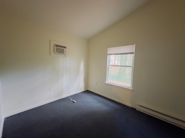 carpeted empty room featuring baseboard heating, a wall unit AC, and vaulted ceiling