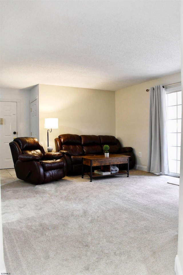 carpeted living room with a textured ceiling