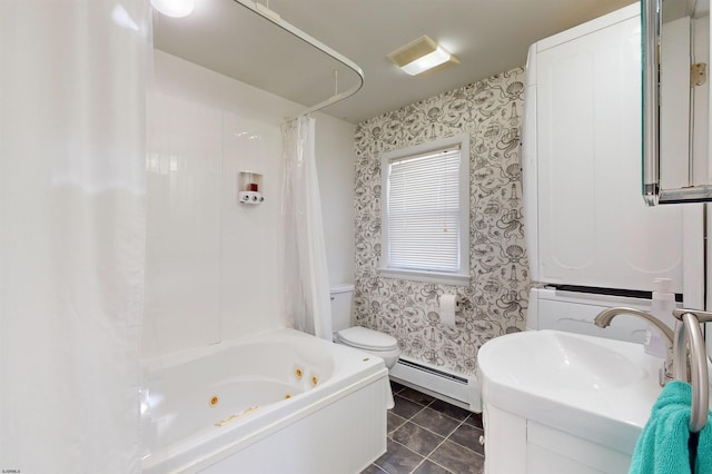 bathroom with tile patterned flooring, toilet, shower / bath combo with shower curtain, and a baseboard heating unit