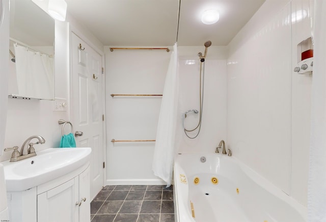 bathroom with vanity and shower / bathtub combination with curtain