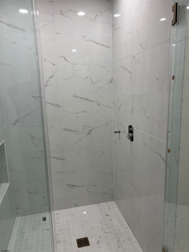 bathroom featuring a shower with shower door