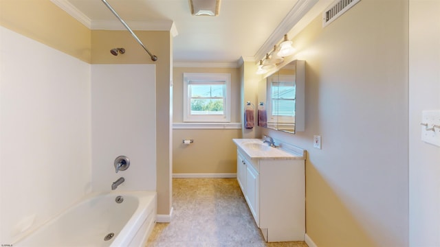 bathroom featuring shower / bathing tub combination, vanity, and crown molding