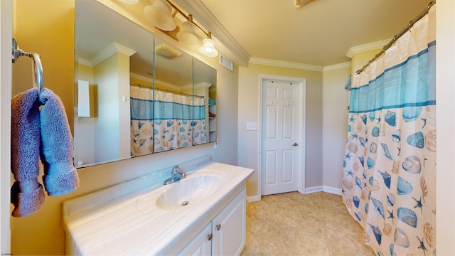 bathroom featuring vanity, walk in shower, and crown molding