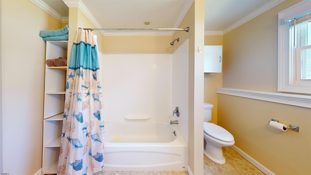 bathroom featuring tile patterned flooring, toilet, ornamental molding, and shower / tub combo