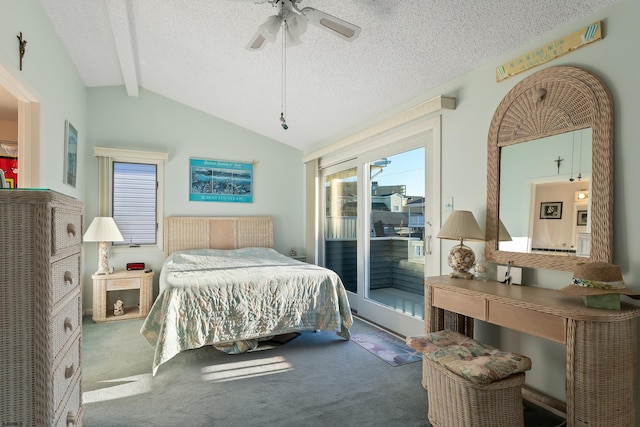 bedroom featuring access to outside, vaulted ceiling with beams, ceiling fan, and carpet