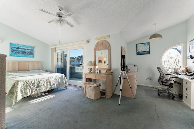 bedroom with access to exterior, carpet, a textured ceiling, vaulted ceiling, and ceiling fan