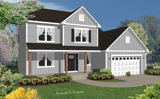 view of front of house featuring a porch, a garage, and a front lawn