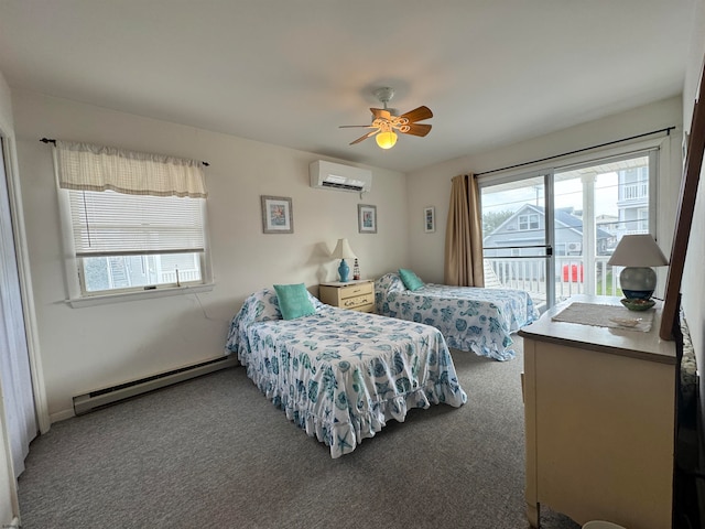 bedroom with ceiling fan, baseboard heating, access to exterior, a wall unit AC, and carpet