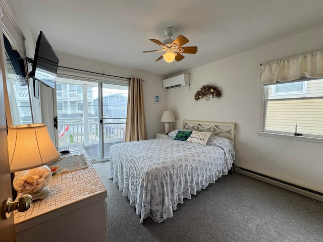 bedroom featuring an AC wall unit, dark colored carpet, a baseboard heating unit, access to exterior, and ceiling fan