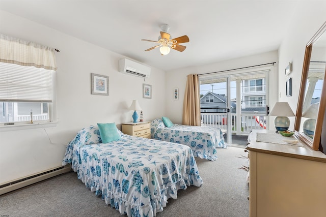 bedroom with a wall mounted air conditioner, access to outside, ceiling fan, baseboard heating, and light carpet