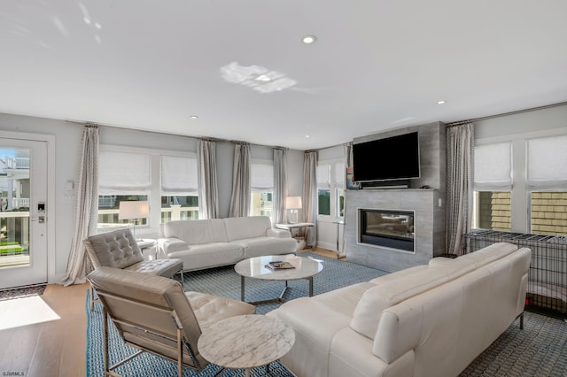 living room with a fireplace, plenty of natural light, and hardwood / wood-style floors