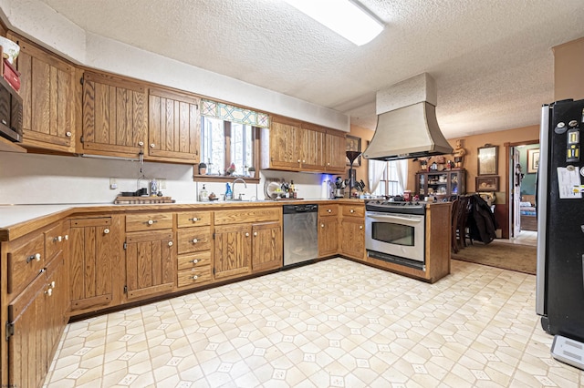 kitchen with a healthy amount of sunlight, island range hood, sink, and stainless steel appliances