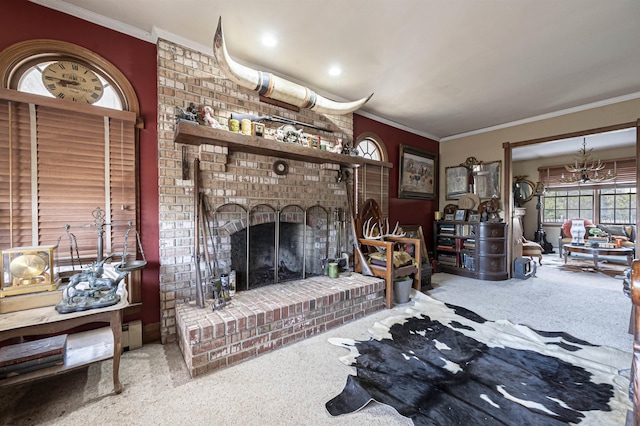 living room with carpet floors, a brick fireplace, and ornamental molding