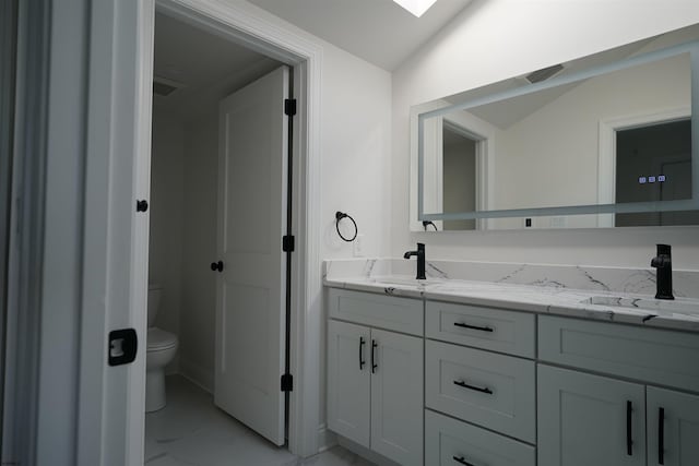 bathroom featuring toilet, vanity, and vaulted ceiling