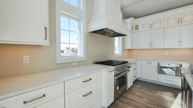 kitchen featuring plenty of natural light, white cabinetry, premium range hood, and stainless steel appliances