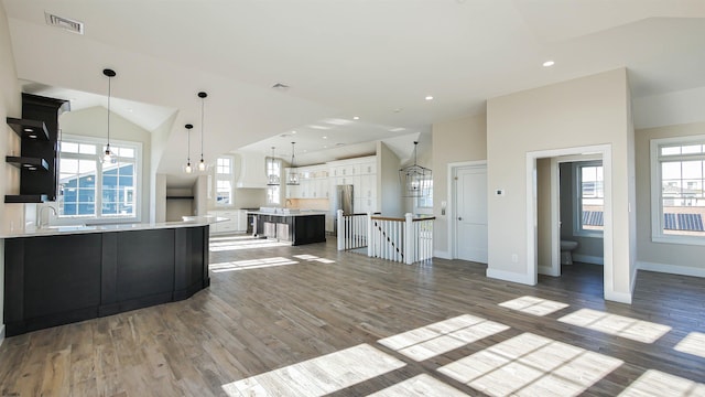 kitchen with pendant lighting, hardwood / wood-style flooring, a wealth of natural light, and a large island