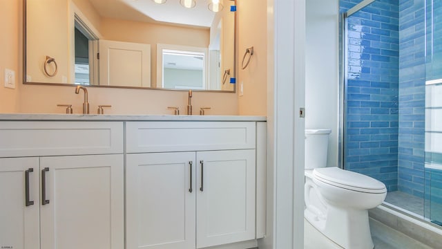 bathroom with vanity, an enclosed shower, and toilet