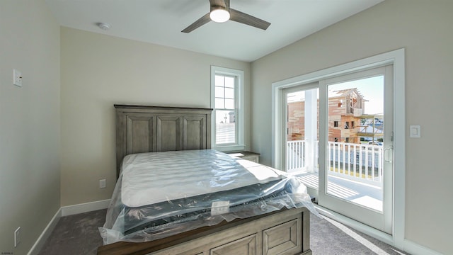 carpeted bedroom with access to exterior and ceiling fan