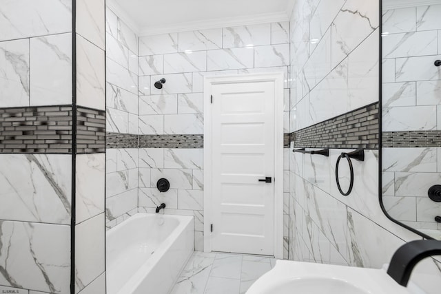 bathroom featuring tiled shower / bath combo and ornamental molding