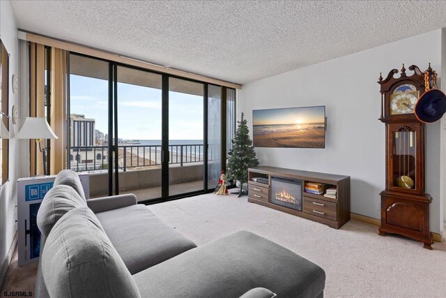 carpeted living room with a textured ceiling and floor to ceiling windows