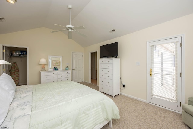 bedroom with light colored carpet, ceiling fan, and lofted ceiling