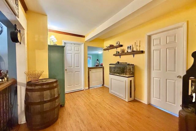 hall featuring ornamental molding and light wood-type flooring