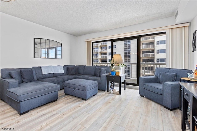 living room featuring light hardwood / wood-style floors and a textured ceiling