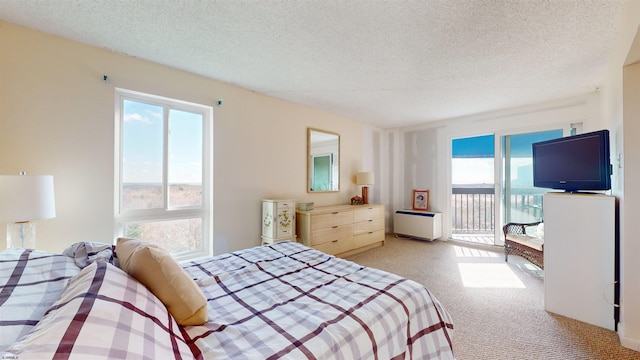 bedroom featuring access to exterior, a textured ceiling, and light colored carpet