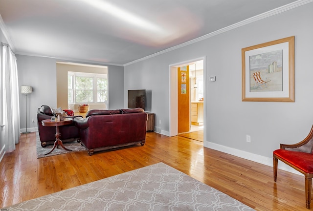 living room featuring crown molding and light hardwood / wood-style floors