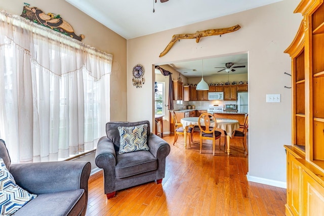 living room featuring ceiling fan and light hardwood / wood-style floors