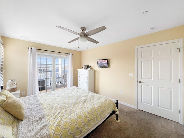 bedroom featuring carpet, ceiling fan, and access to outside