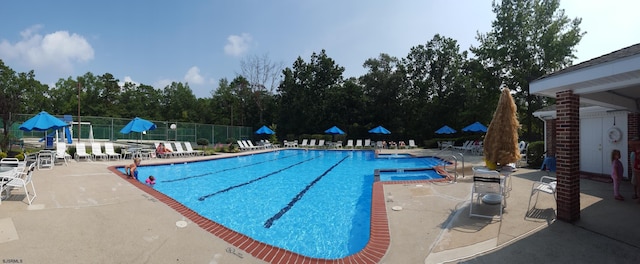 view of swimming pool featuring a patio area