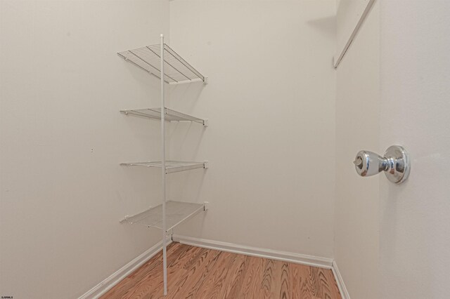 walk in closet with light hardwood / wood-style floors