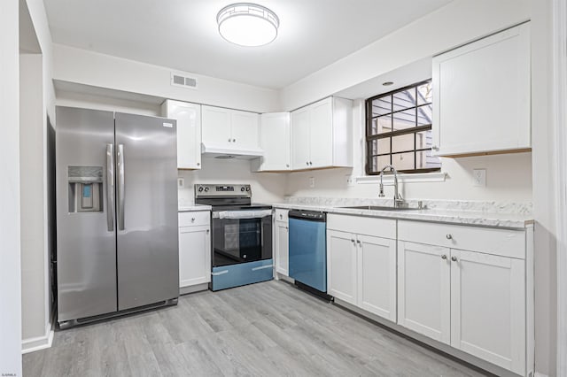 kitchen with white cabinets, appliances with stainless steel finishes, light hardwood / wood-style flooring, and sink