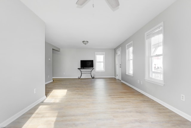 unfurnished living room featuring ceiling fan and light hardwood / wood-style floors