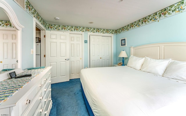 carpeted bedroom featuring multiple closets