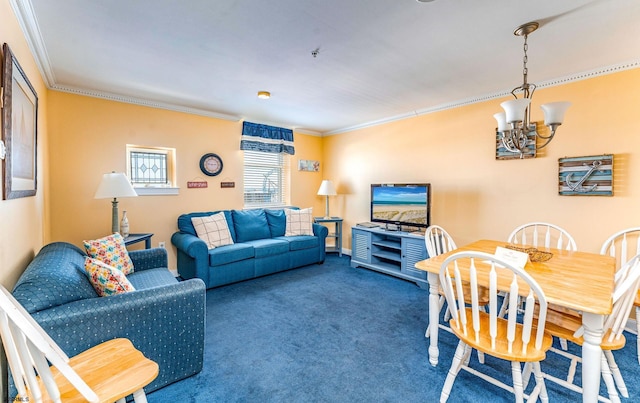 carpeted living room featuring a notable chandelier and crown molding