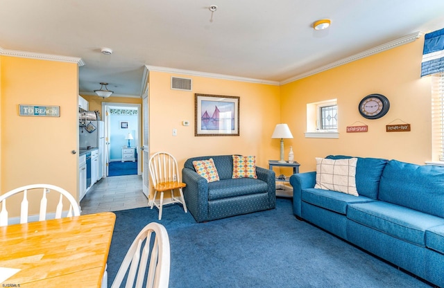 living room with carpet floors and crown molding