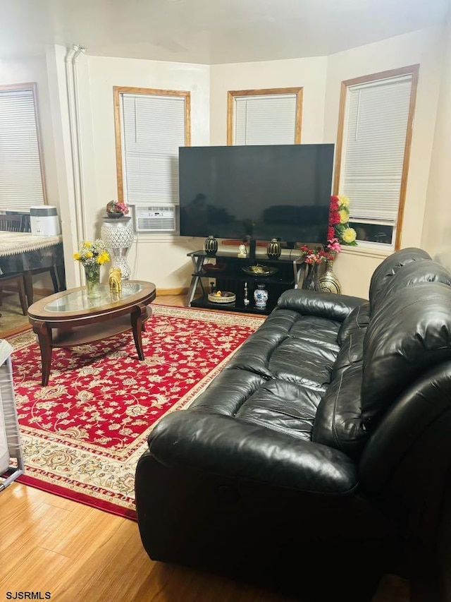 living room featuring wood-type flooring and cooling unit